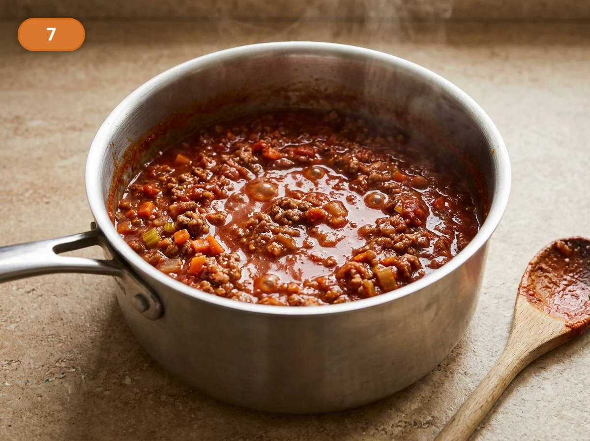 Лазанья болоньезе: фото процесса приготовления — тушите рагу на слабом огне, пока оно не станет плотным, бархатистым и почти не будет отдавать лишнюю жидкость на поверхности