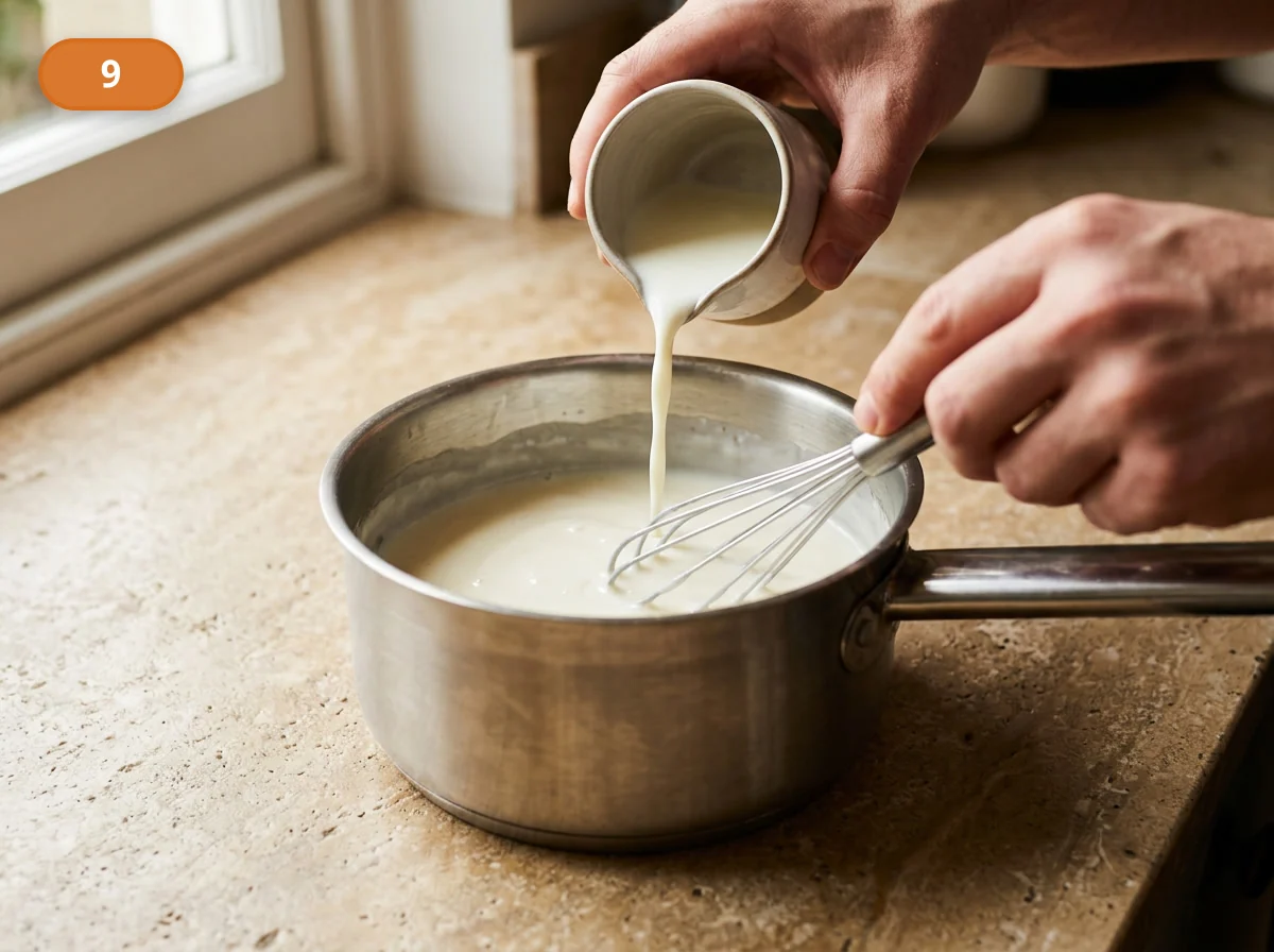 Лазанья болоньезе: фото процесса приготовления — постепенно влейте тёплое молоко и размешивайте, пока бешамель не станет гладким, густым и блестящим, затем приправьте солью и мускатным орехом