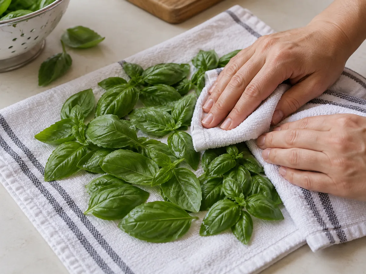Лингвини с курицей и песто | Фото подпункта 2 | Viva Cucina Лингвини с курицей и песто: фото процесса приготовления — промойте листья базилика и тщательно обсушите полотенцем