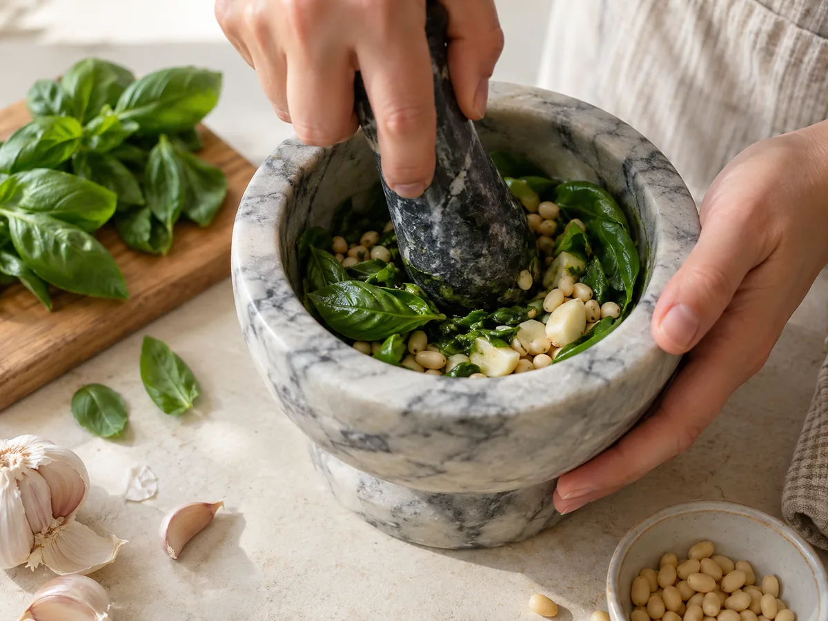Лингвини с курицей и песто | Фото подпункта 5 | Viva Cucina Лингвини с курицей и песто: фото процесса приготовления — добавляйте базилик небольшими порциями и растирайте в зелёную массу