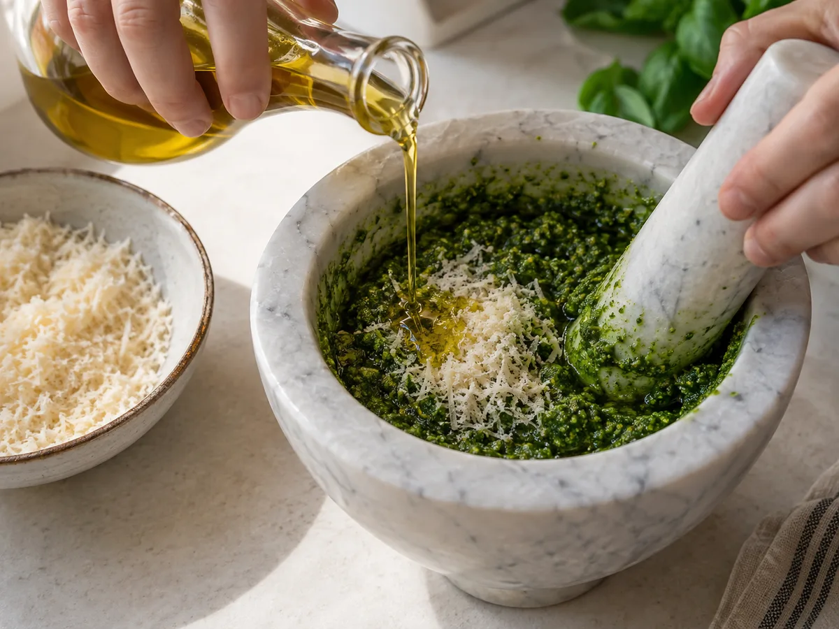 Лингвини с курицей и песто | Фото подпункта 6 | Viva Cucina Лингвини с курицей и песто: фото процесса приготовления — вмешайте пармезан и 70 мл масла; отставьте песто в прохладное место