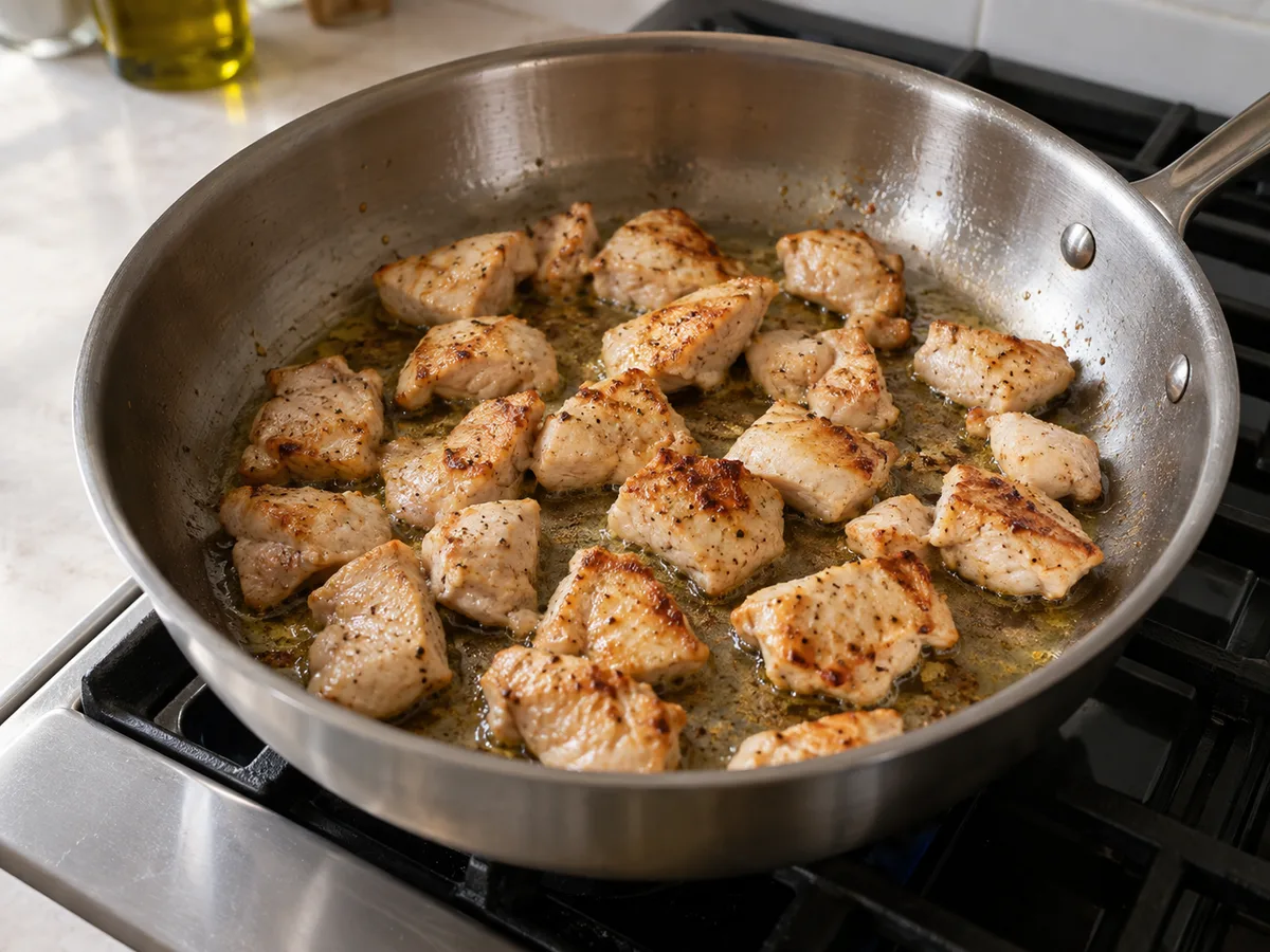 Лингвини с курицей и песто | Фото подпункта 8 | Viva Cucina Лингвини с курицей и песто: фото процесса приготовления — разогрейте 15 мл масла и обжарьте кусочки 6–8 минут, переворачивая
