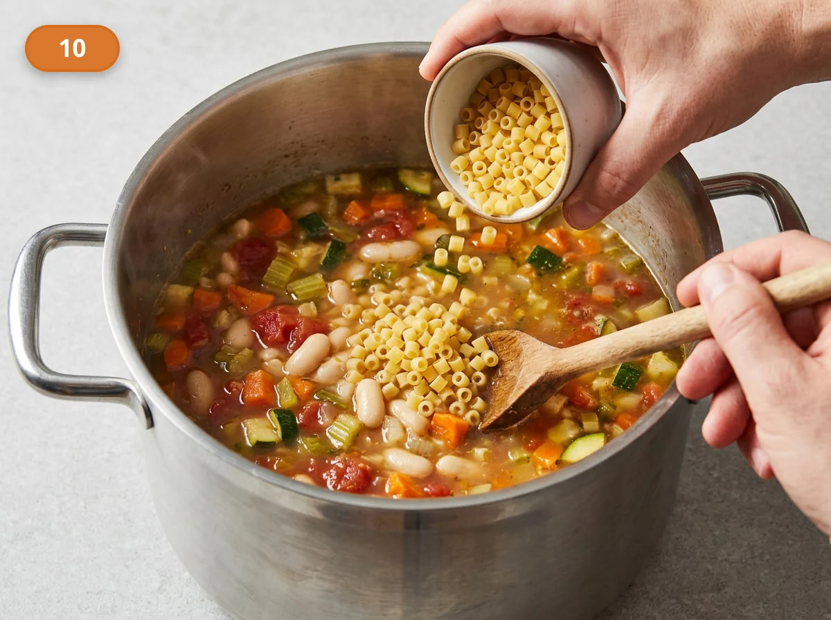 Минестроне: фото процесса приготовления — всыпьте в почти готовый минестроне мелкую пасту и сразу перемешайте, чтобы она не схватилась на дне