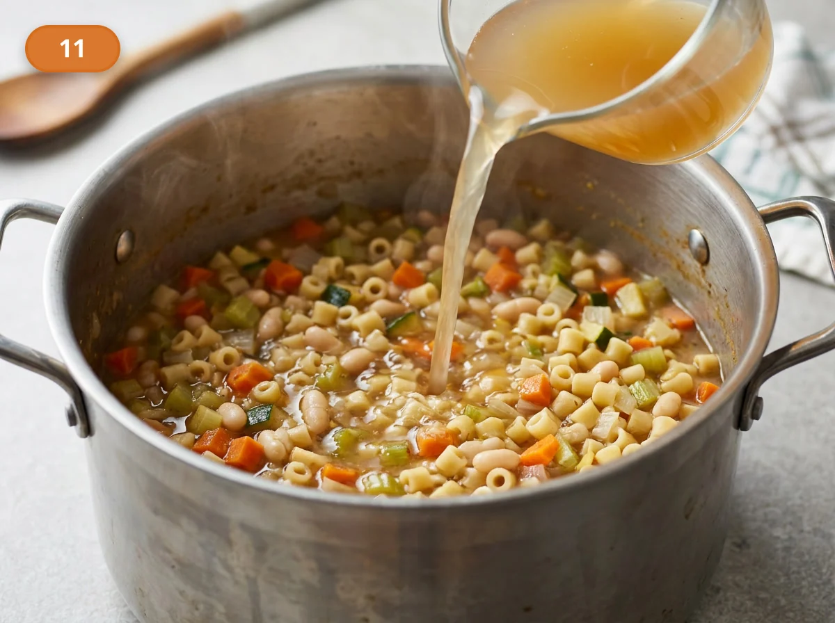 Минестроне: фото процесса приготовления — подлейте немного горячего бульона при необходимости и продолжайте варку до мягкости пасты, сохраняя суп густым и живым