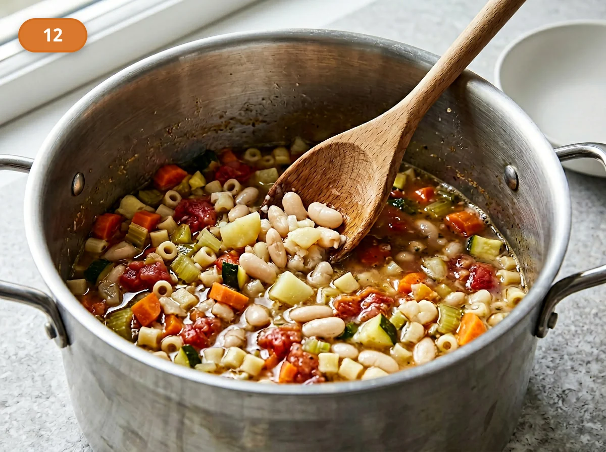 Минестроне: фото процесса приготовления — слегка разомните часть фасоли или картофеля у стенки кастрюли, если хотите сделать текстуру чуть более насыщенной и связанной