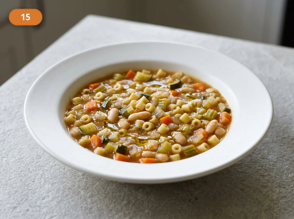 Минестроне: фото процесса приготовления — завершите подачу каплей оливкового масла и подавайте густой минестроне сразу, пока овощи, фасоль и паста читаются отдельно