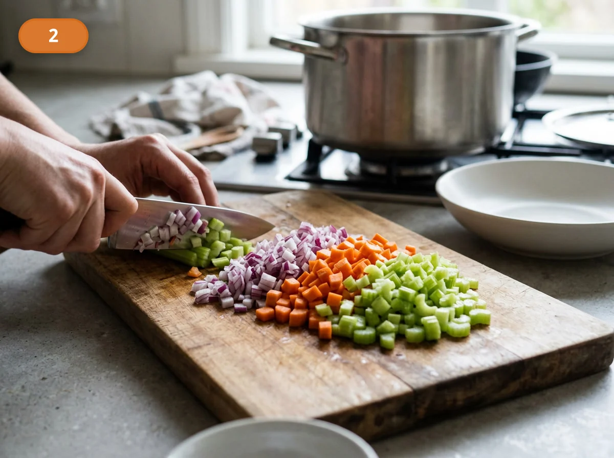 Минестроне: фото процесса приготовления — мелко нарежьте лук, морковь и сельдерей для мягкой ароматной базы, которая потом растворится во вкусе супа