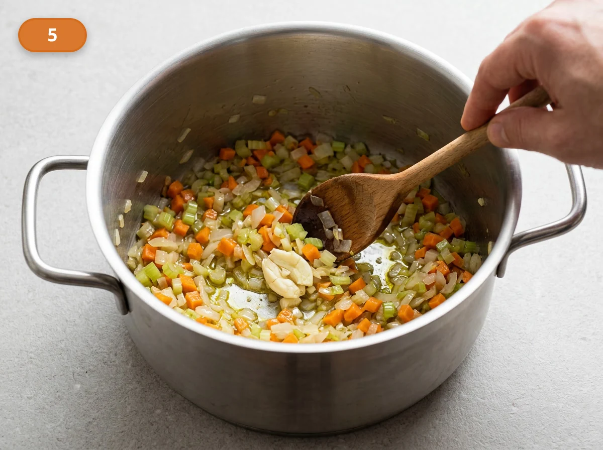 Минестроне: фото процесса приготовления — добавьте раздавленный чеснок и коротко перемешайте основу, чтобы он успел отдать аромат, но не потемнел