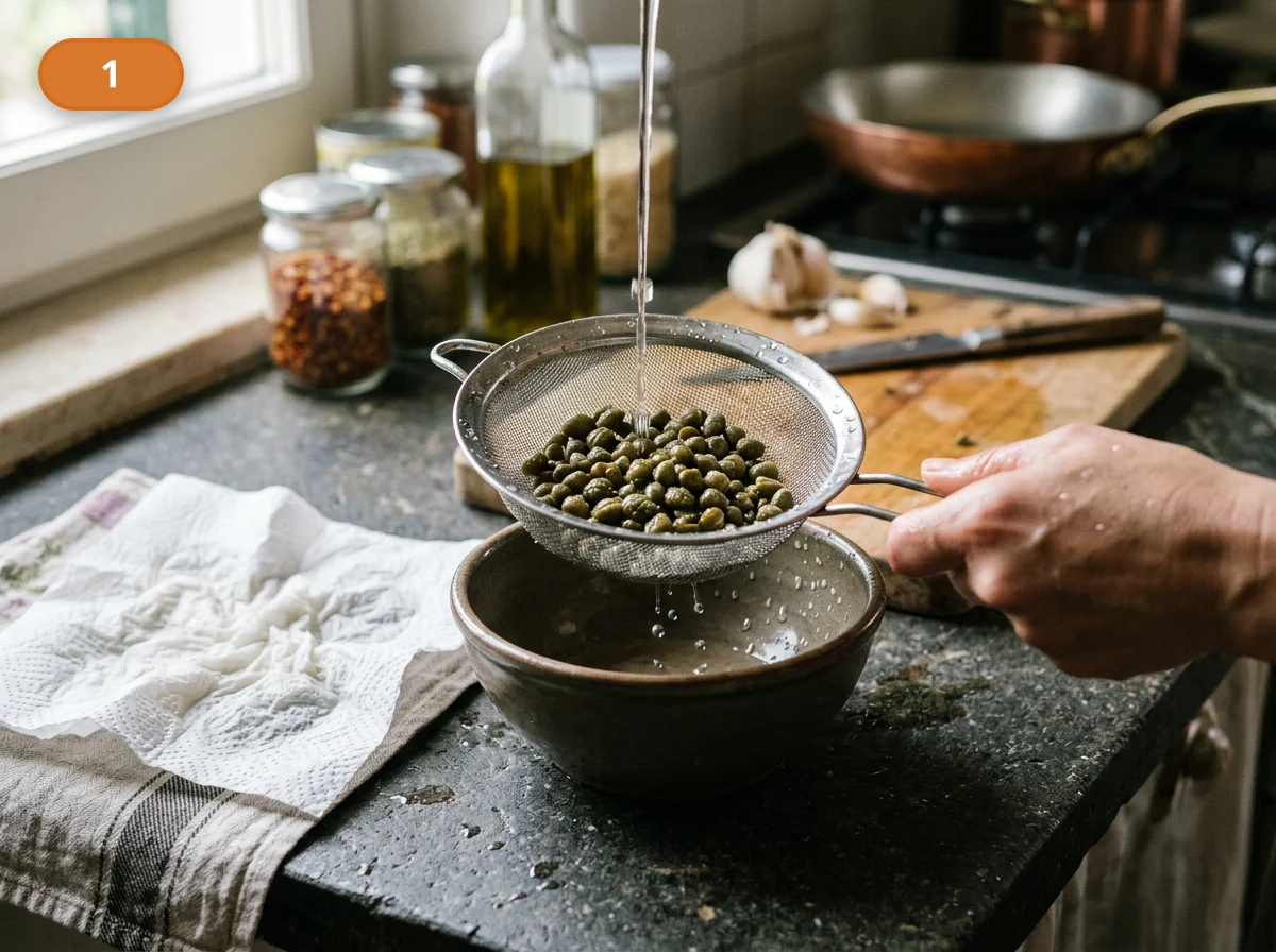 Паста путтанеска: фото процесса приготовления — промойте солёные каперсы под холодной водой и хорошо обсушите их бумажным полотенцем