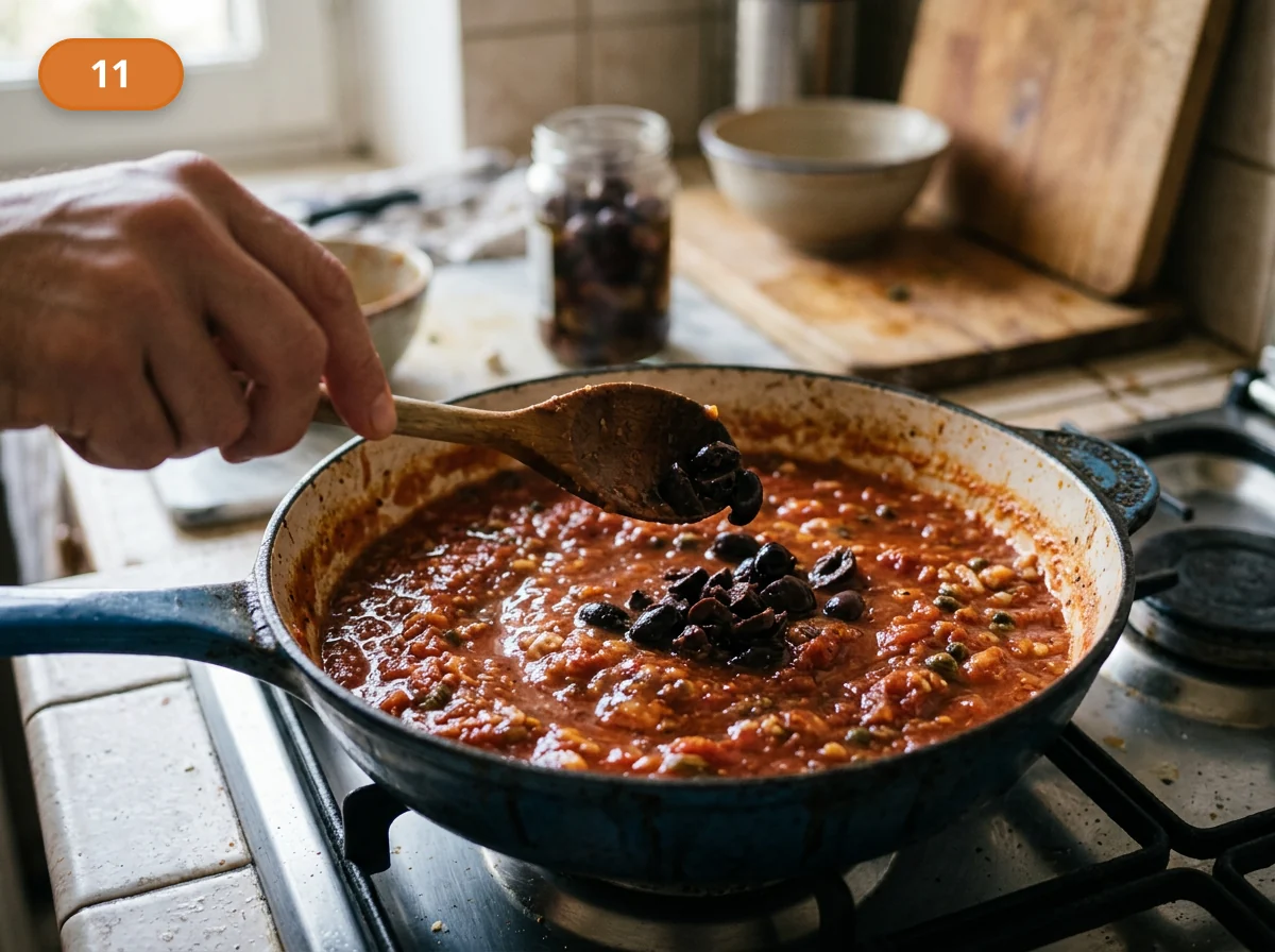 Паста путтанеска: фото процесса приготовления — добавьте раздавленные оливки и прогрейте их совсем недолго, чтобы они сохранили форму