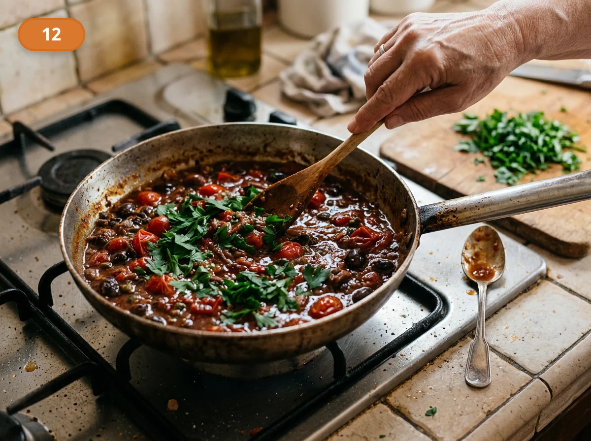 Паста путтанеска: фото процесса приготовления — вмешайте петрушку и только теперь попробуйте соус на соль: анчоусы, каперсы и оливки уже дают мощную солёную базу