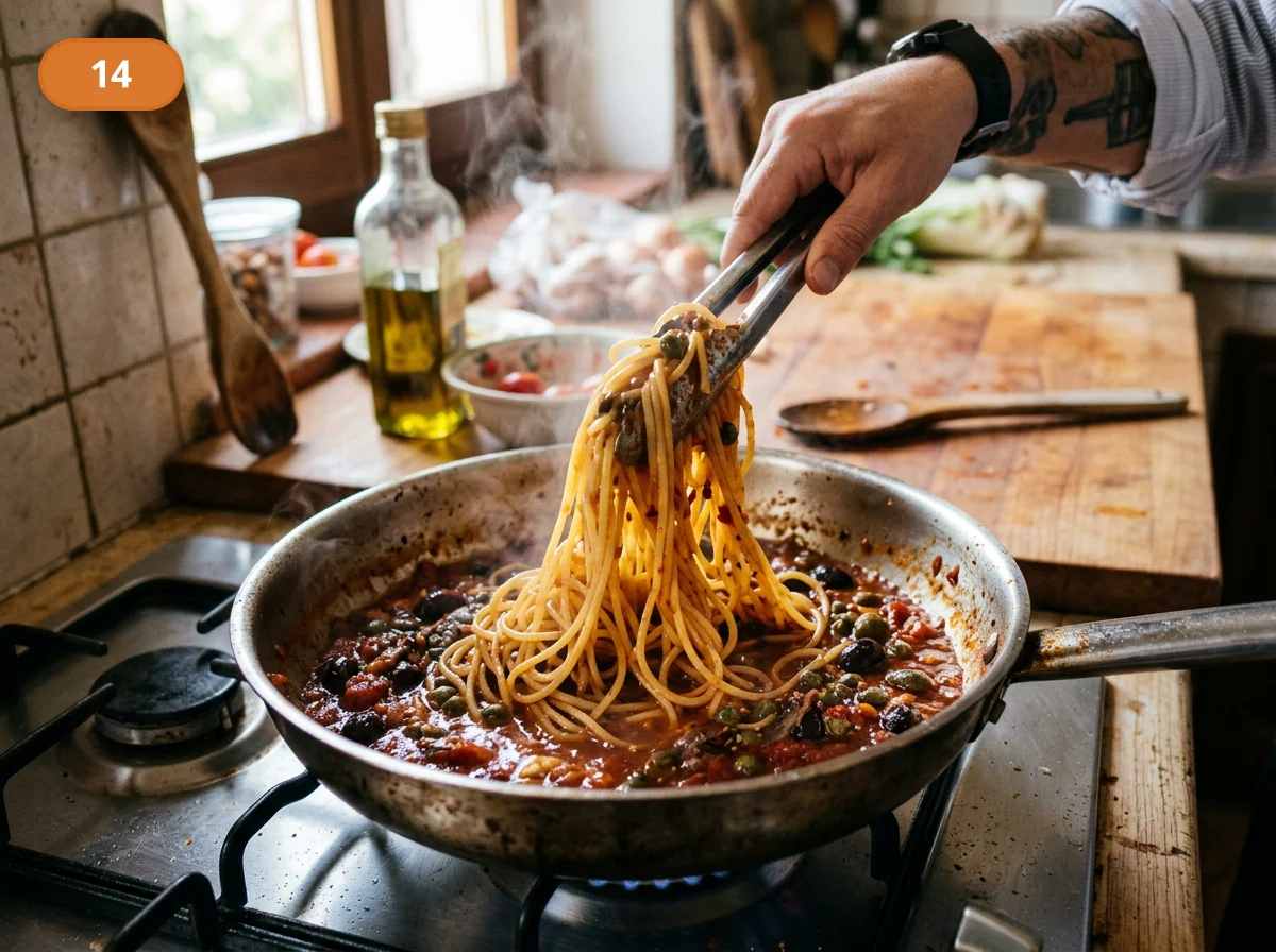 Паста путтанеска: фото процесса приготовления — переворачивайте пасту щипцами 20-30 секунд, пока соус не обволочёт каждую нить и не станет чуть более гладким