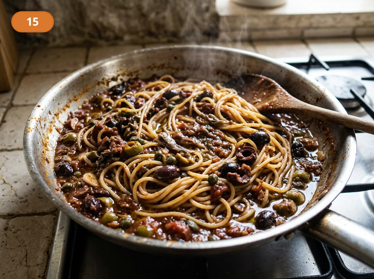 Паста путтанеска: фото процесса приготовления — подавайте сразу, пока путтанеска блестит, а вкус остаётся ярким, солоноватым и слегка острым