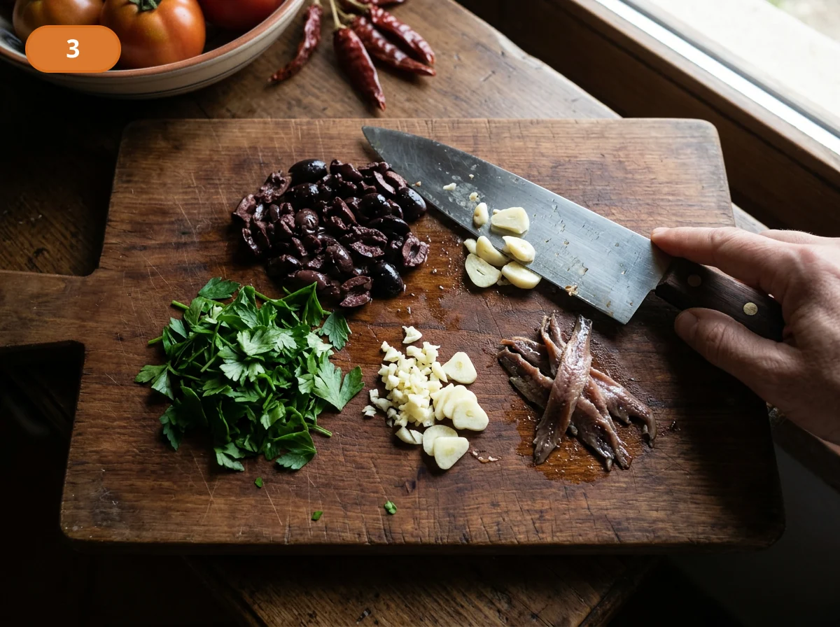 Паста путтанеска: фото процесса приготовления — раздавите оливки плоской стороной ножа, затем подготовьте чеснок и мелко нарежьте петрушку