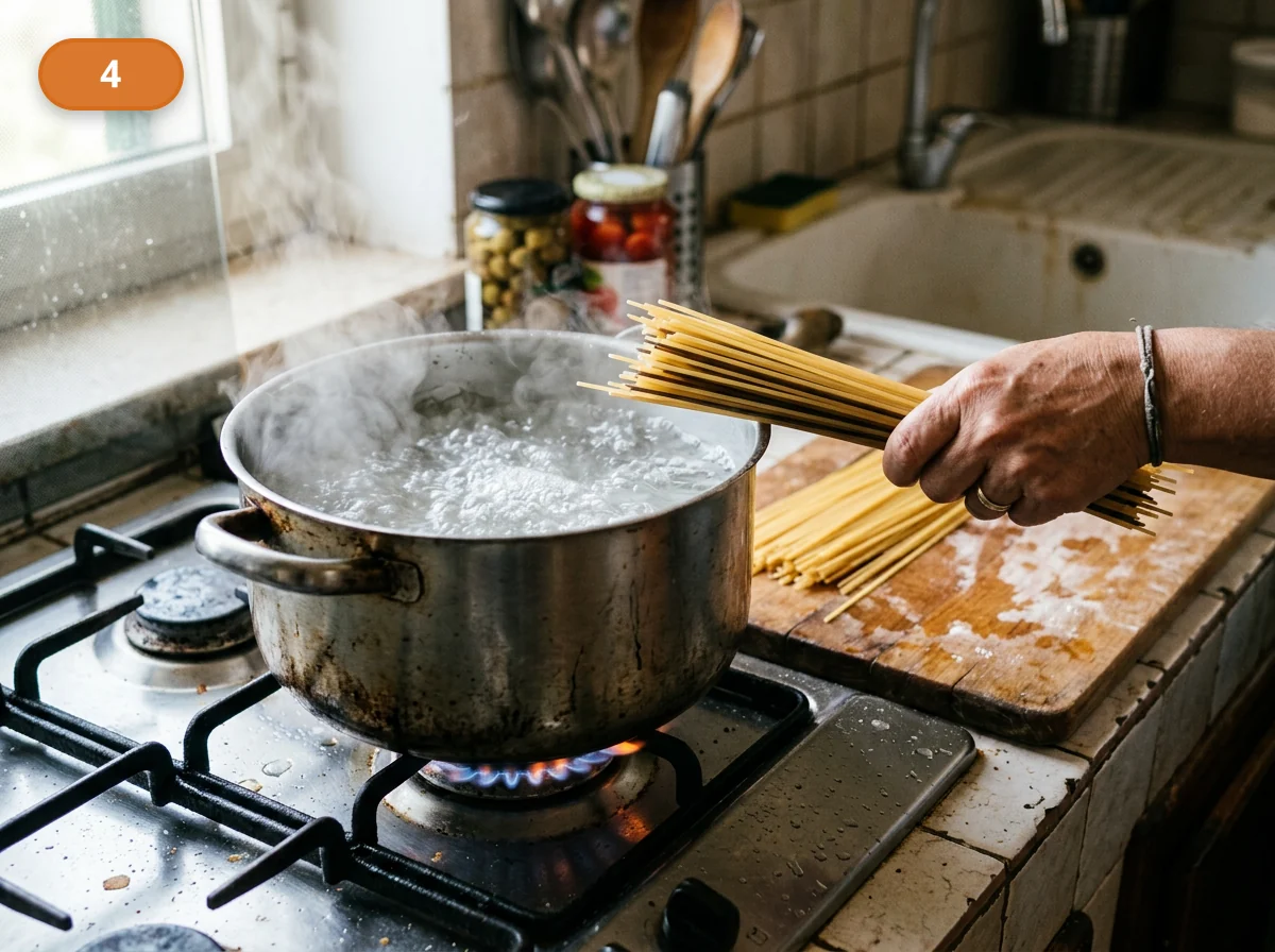 Паста путтанеска: фото процесса приготовления — поставьте большую кастрюлю с водой и доведите её до активного кипения для спагетти