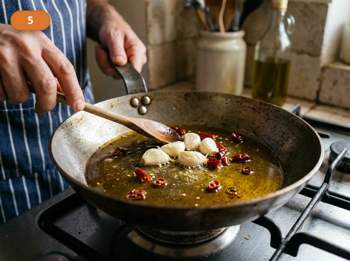 Паста путтанеска: фото процесса приготовления — в широкой сковороде прогрейте оливковое масло с целыми дольками чеснока и кусочками сухого чили