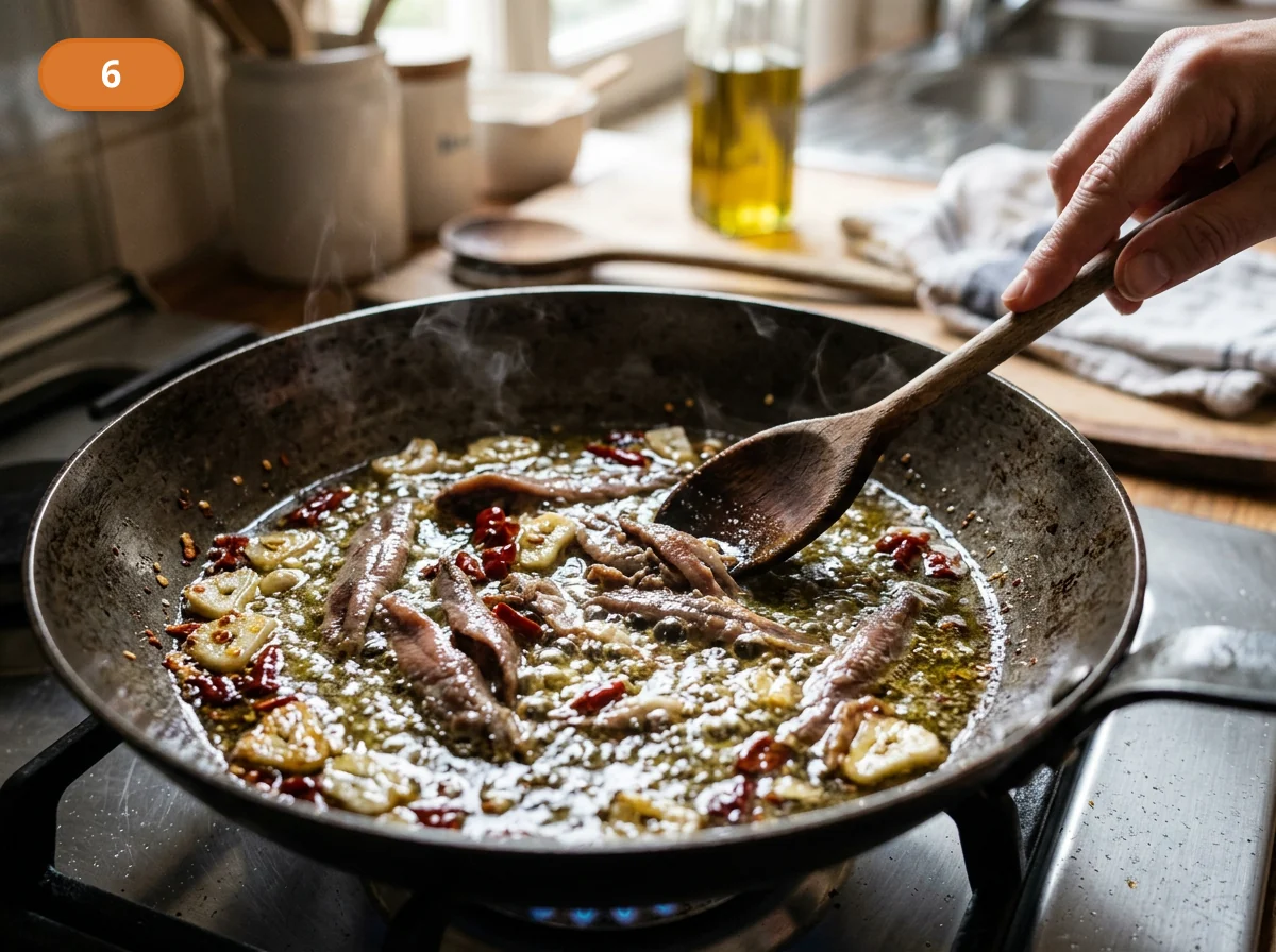 Паста путтанеска: фото процесса приготовления — добавьте анчоусы и помешивайте, пока они почти полностью не растворятся в горячем масле
