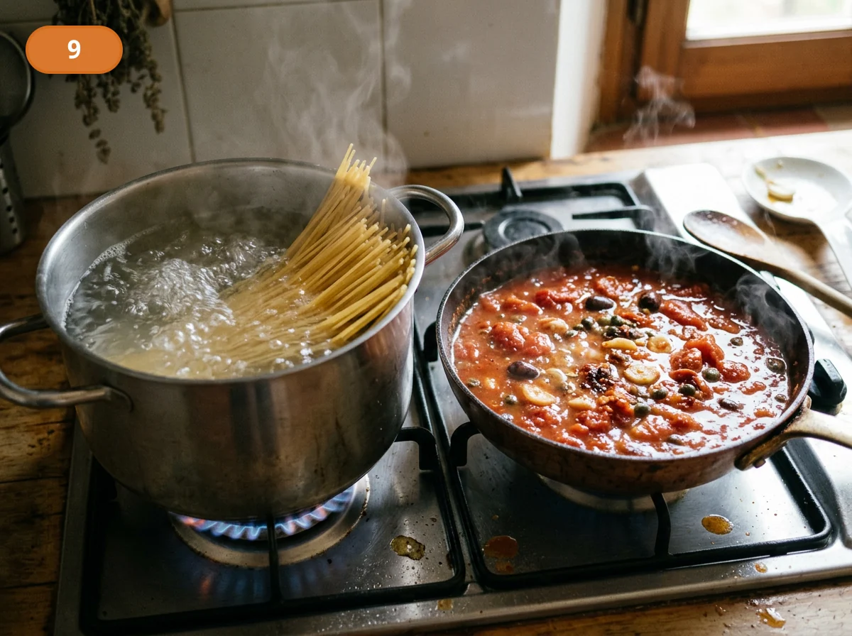 Паста путтанеска: фото процесса приготовления — опустите пасту в кипящую воду и варите до уверенного al dente, пока соус спокойно пузырится 8-10 минут