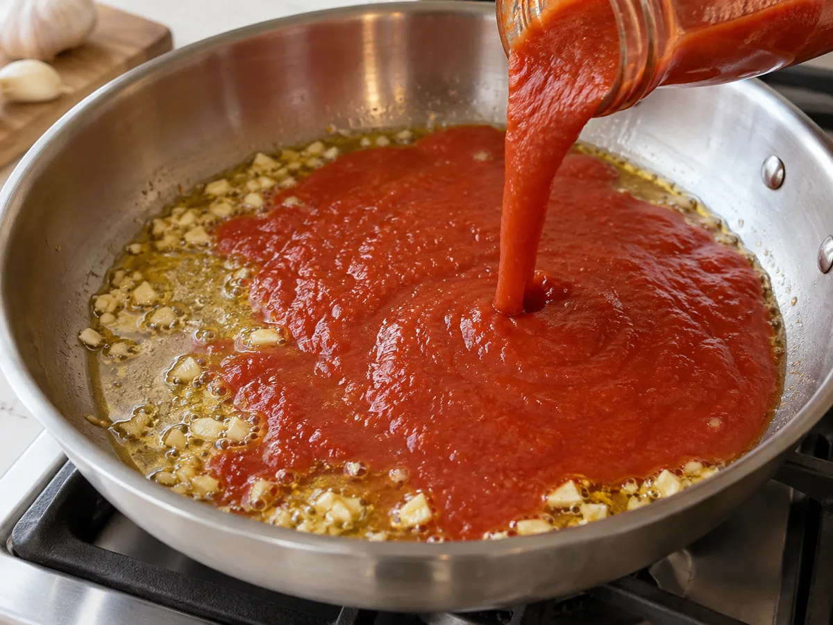 Пенне с брокколи и томатно-базиликовым соусом | Фото подпункта 5 | Viva Cucina Пенне с брокколи и томатно-базиликовым соусом: фото процесса приготовления — влейте пассату, слегка посолите и поперчите