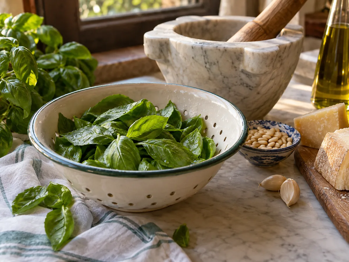 Песто из базилика | Фото подпункта 2 | Viva Cucina Песто из базилика: фото процесса приготовления — оборвите листья базилика и быстро промойте их