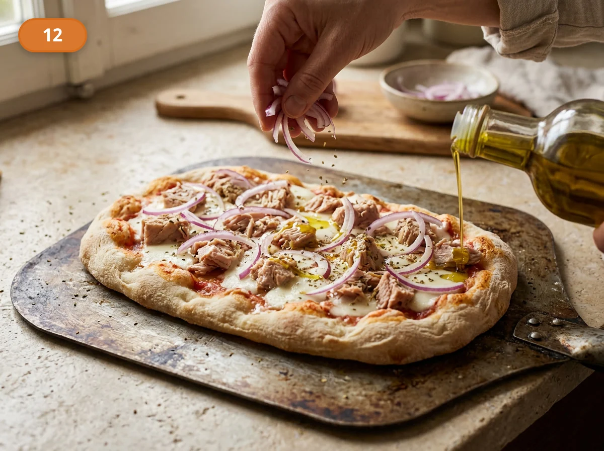 Пинса с начинкой: тунец и лук: фото процесса приготовления — сверху уложите тонкие полукольца красного лука, сбрызните всё оливковым маслом и дайте щепотку орегано прямо перед печью
