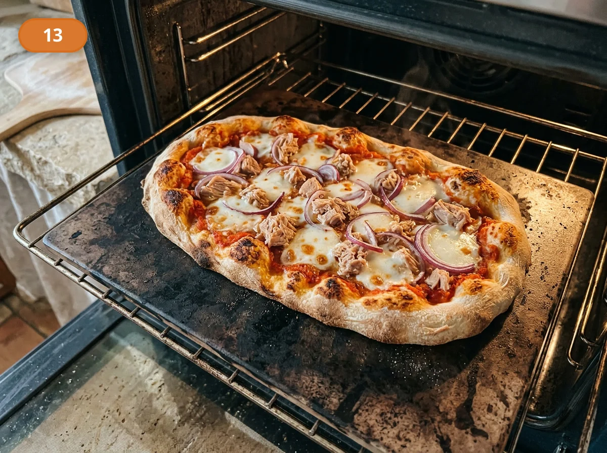 Пинса с начинкой: тунец и лук: фото процесса приготовления — выпекайте пинсу до уверенно хрустящего низа, расплавленной моцареллы и лёгкого смягчения красного лука без пересушивания тунца