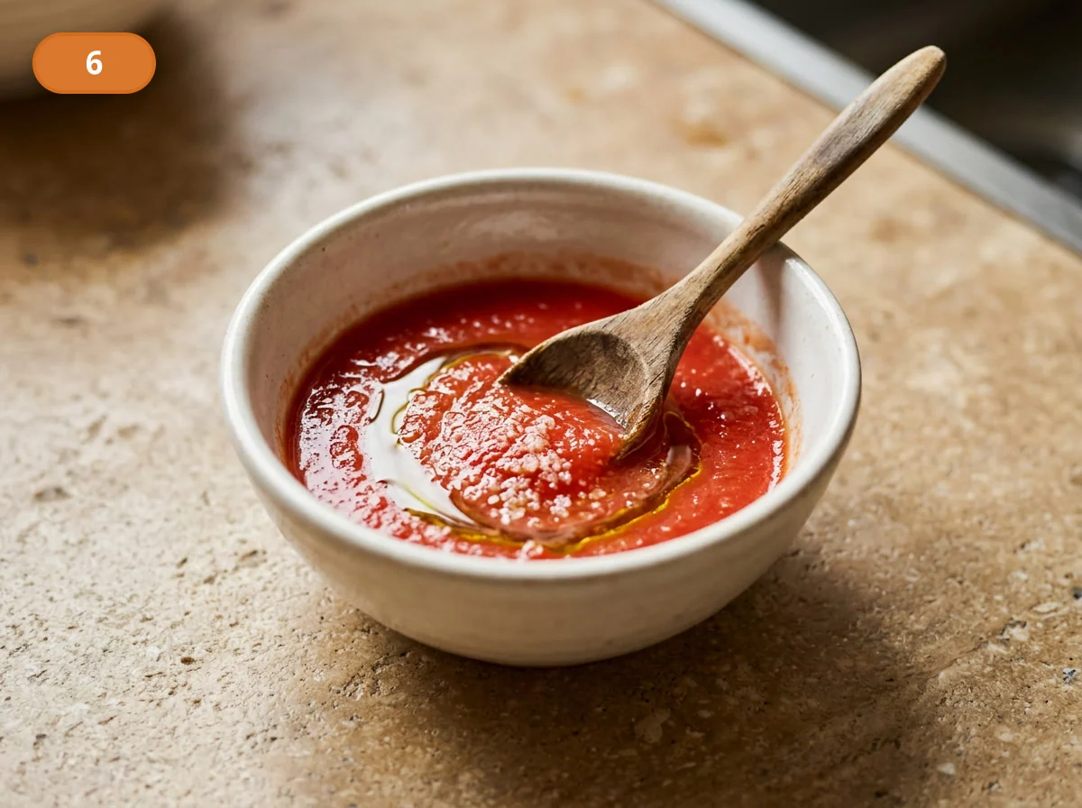 Пинса с начинкой: тунец и лук: фото процесса приготовления — перемешайте пассату с каплей оливкового масла и щепоткой соли, сохраняя её простой и жидкой ровно настолько, чтобы она легко размазывалась тонким слоем