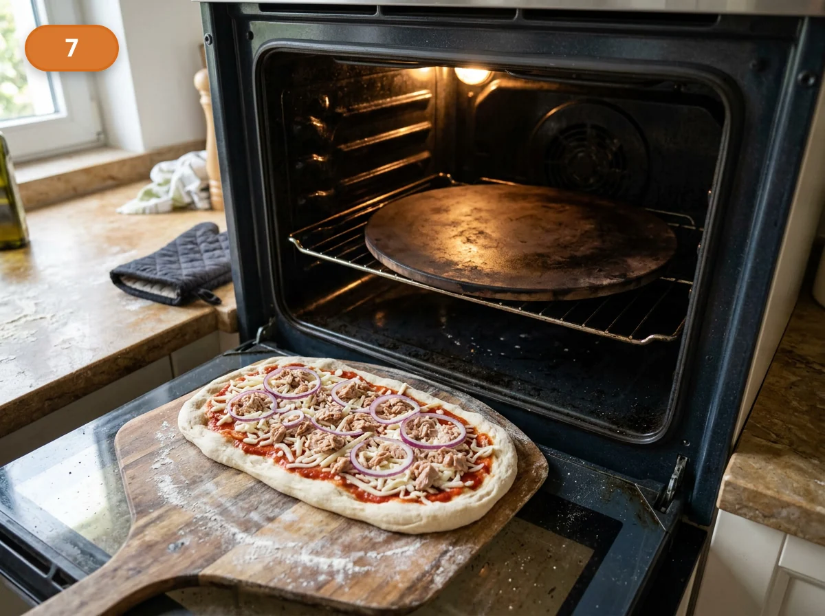 Пинса с начинкой: тунец и лук: фото процесса приготовления — разогрейте духовку вместе с противнем или камнем, чтобы низ пинсы сразу встретил сильный жар и не начал преть под начинкой