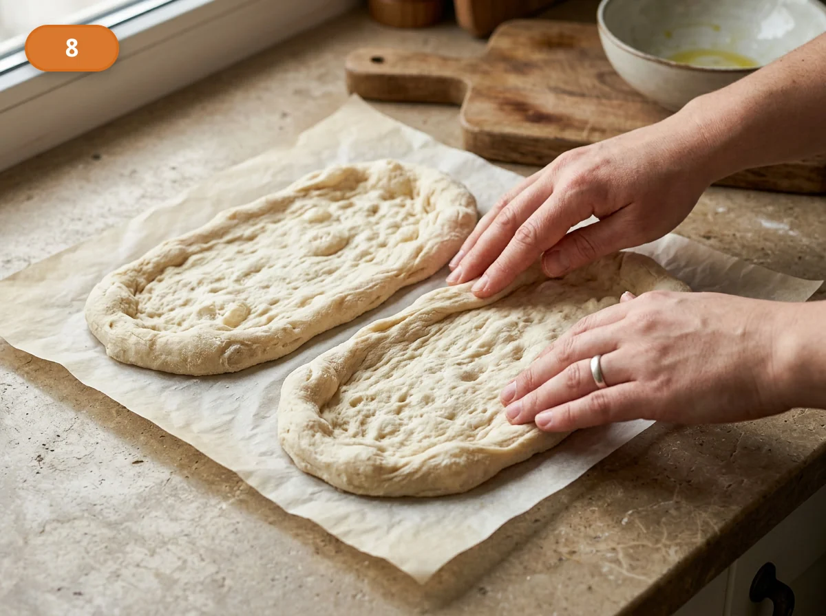 Пинса с начинкой: тунец и лук: фото процесса приготовления — переложите овальные основы на пергамент или лопату и быстро проверьте форму, чтобы края не были подломлены и оставались читаемыми