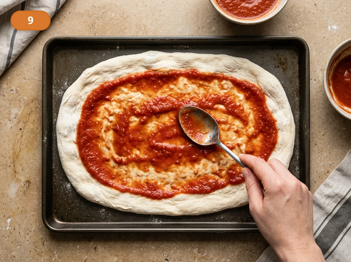 Пинса с начинкой: тунец и лук: фото процесса приготовления — ложкой распределите по поверхности тонкий слой пассаты, не доходя до самого края, чтобы после выпечки остался лёгкий сухой кант