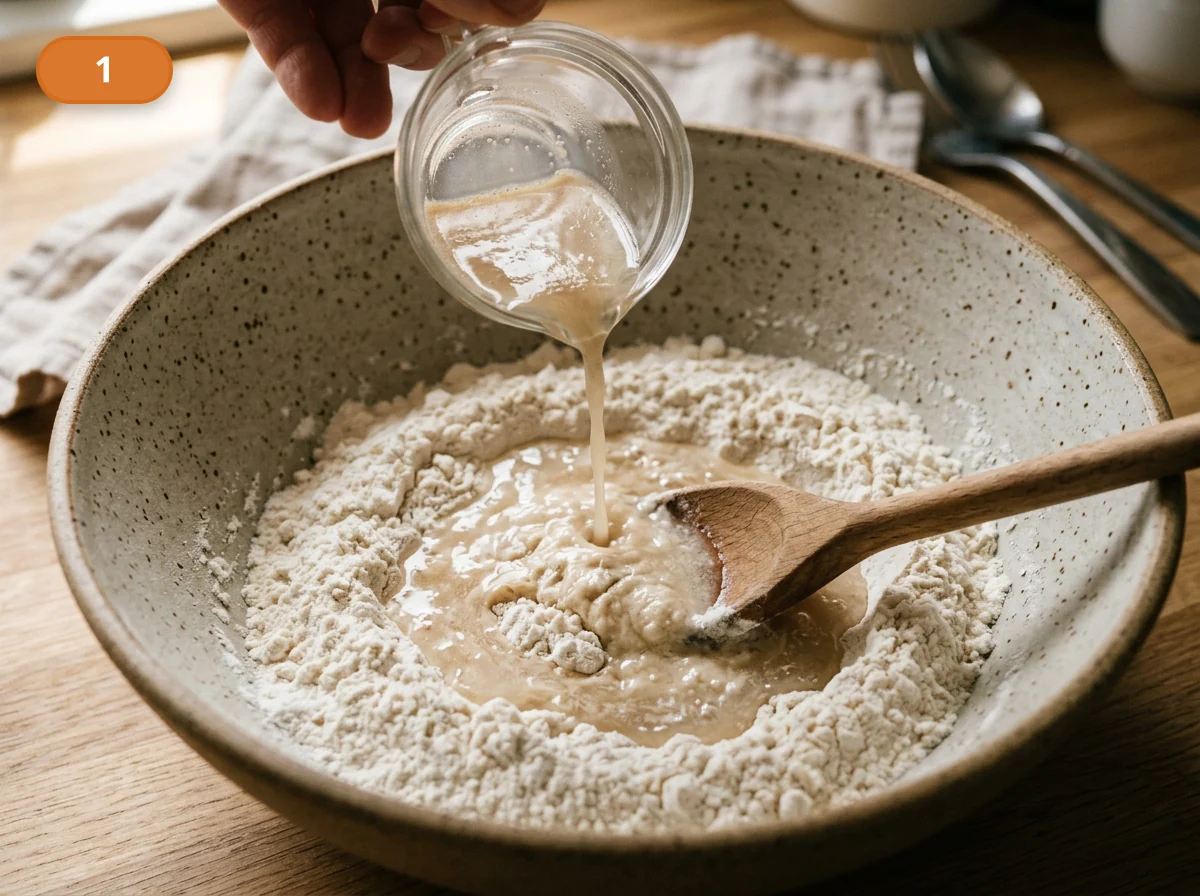 Пицца Маргарита: фото процесса приготовления — растворите дрожжи в тёплой воде, затем начните соединять жидкость с мукой, чтобы не осталось сухих участков