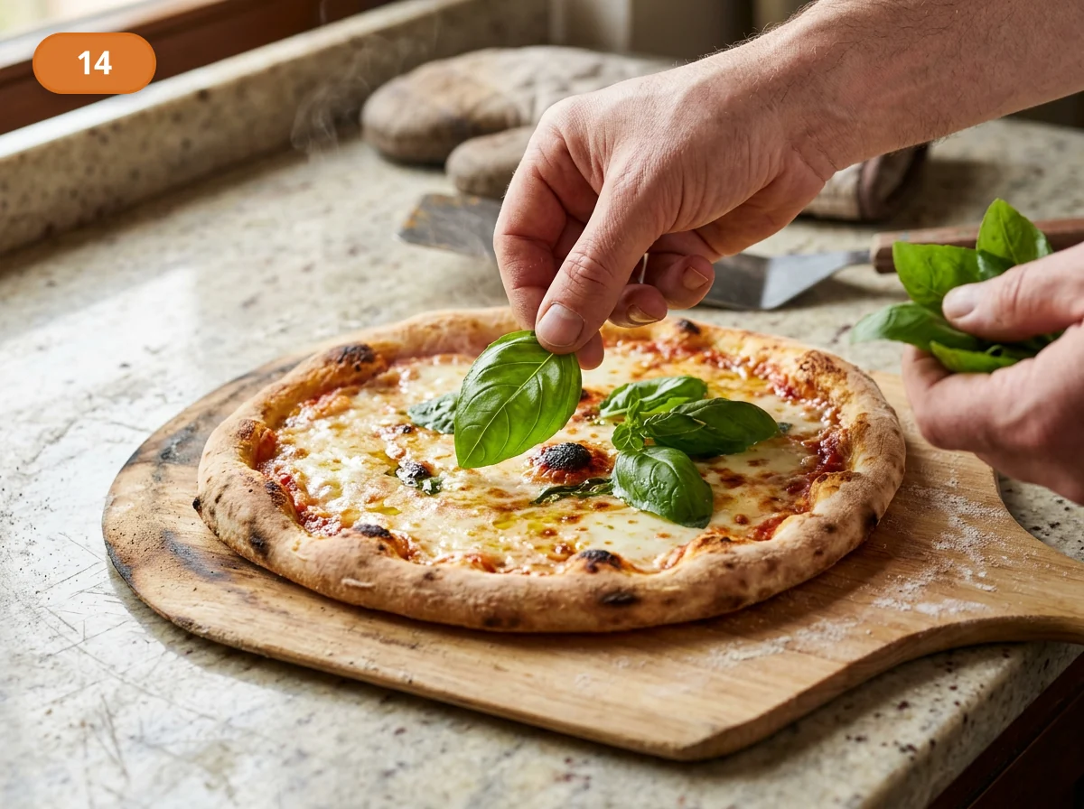 Пицца Маргарита: фото процесса приготовления — достаньте пиццу и сразу добавьте свежие листья базилика, чтобы аромат остался ярким и зелёным
