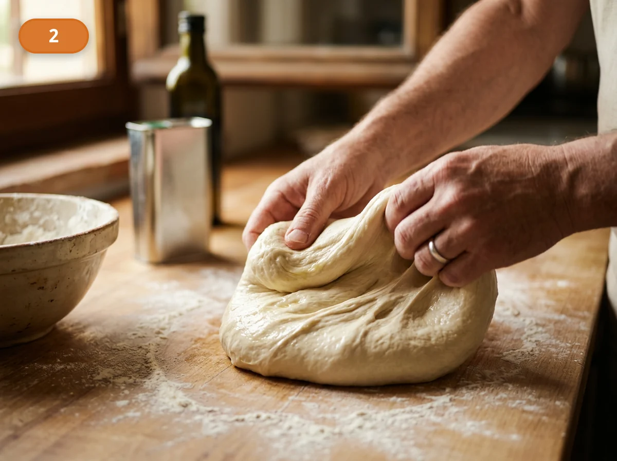 Пицца Маргарита: фото процесса приготовления — добавьте соль и оливковое масло, после чего вымешивайте тесто до гладкой, слегка пружинящей структуры