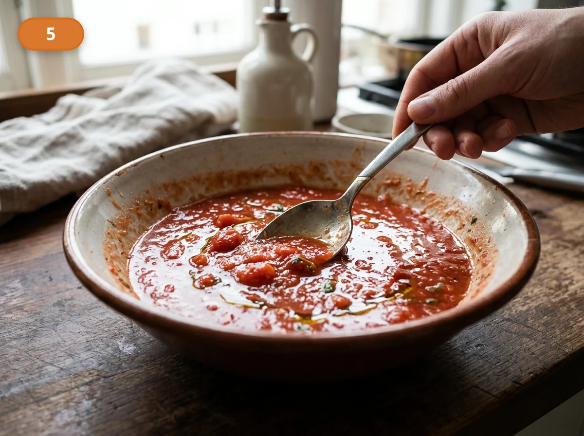 Пицца Маргарита: фото процесса приготовления — разомните томаты до простого соуса, при необходимости слегка посолите их и не перегружайте лишними добавками