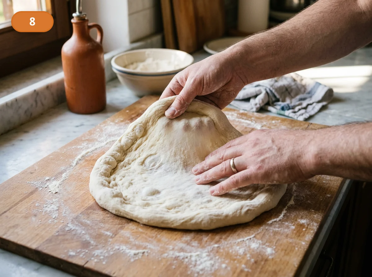 Пицца Маргарита: фото процесса приготовления — растягивайте круг руками от середины к краям, оставляя по периметру более пухлый будущий бортик