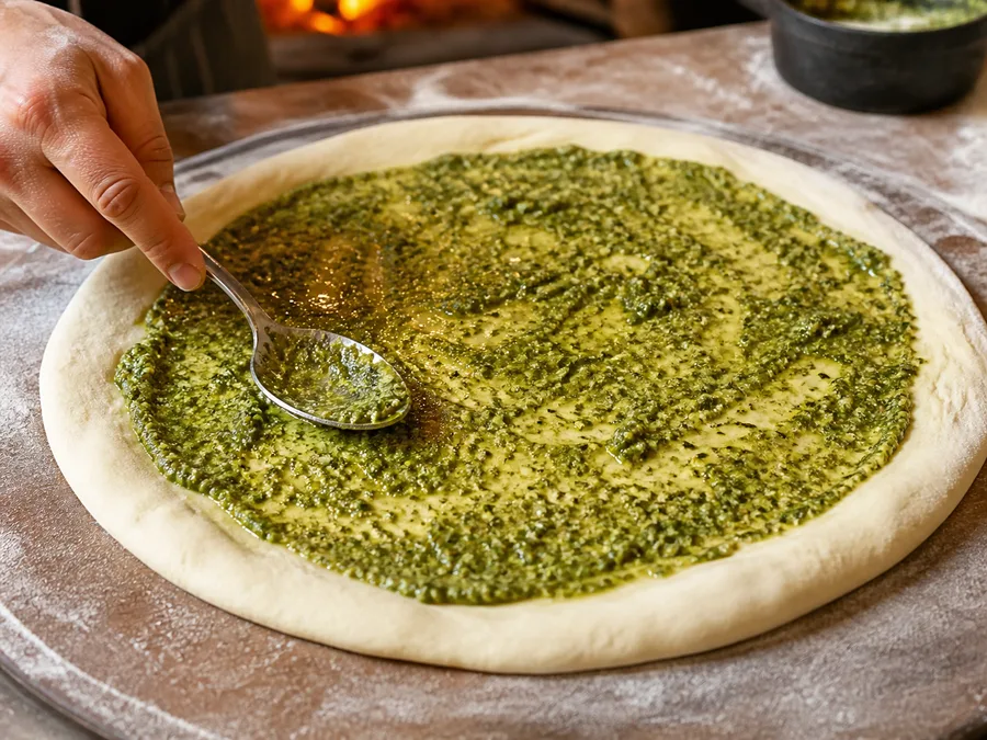 Пицца с начинкой: курица и песто: фото процесса приготовления — нанесите тонкий слой базиликового песто, оставляя бортик чистым