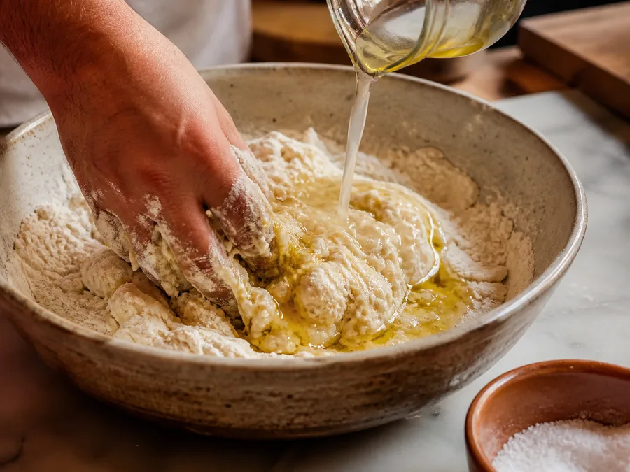 Пицца с начинкой: курица и песто: фото процесса приготовления — смешайте муку с дрожжевой водой, солью и оливковым маслом до мягкой липкой массы