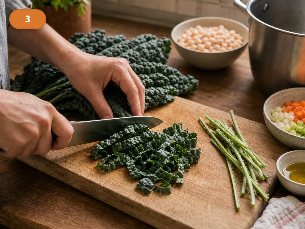 Риболлита: фото процесса приготовления — снимите грубые стебли с cavolo nero и нарежьте листья крупными полосками