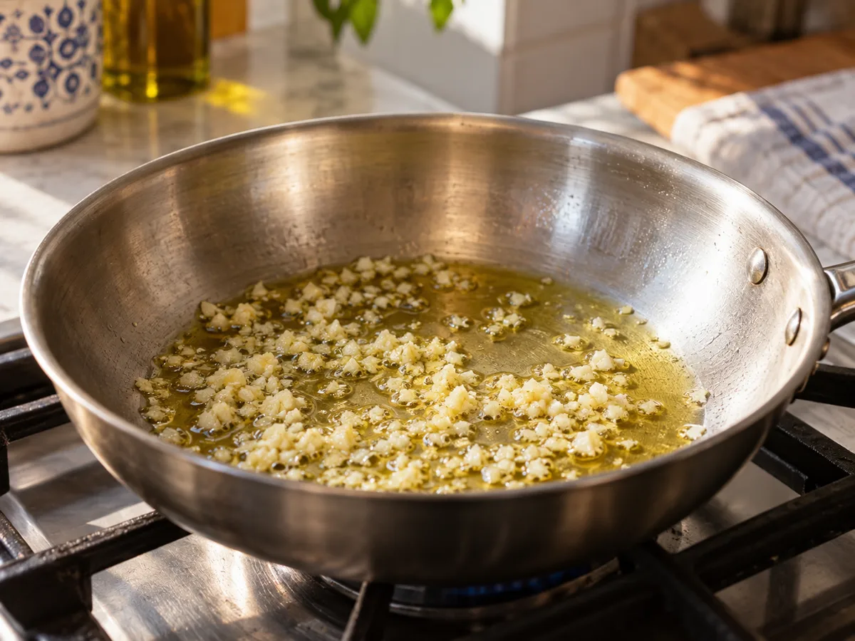 Ригатони с индейкой и соусом из тунца и каперсов: фото процесса приготовления — в оставшемся масле кратко прогрейте измельчённый чеснок без подрумянивания