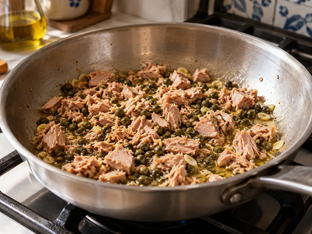 Ригатони с индейкой и соусом из тунца и каперсов: фото процесса приготовления — добавьте кусочки тунца и промытые каперсы, прогрейте около минуты