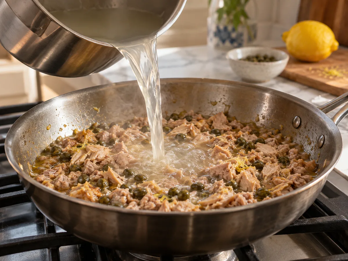 Ригатони с индейкой и соусом из тунца и каперсов: фото процесса приготовления — влейте несколько ложек воды от пасты и размешайте до сочного соуса