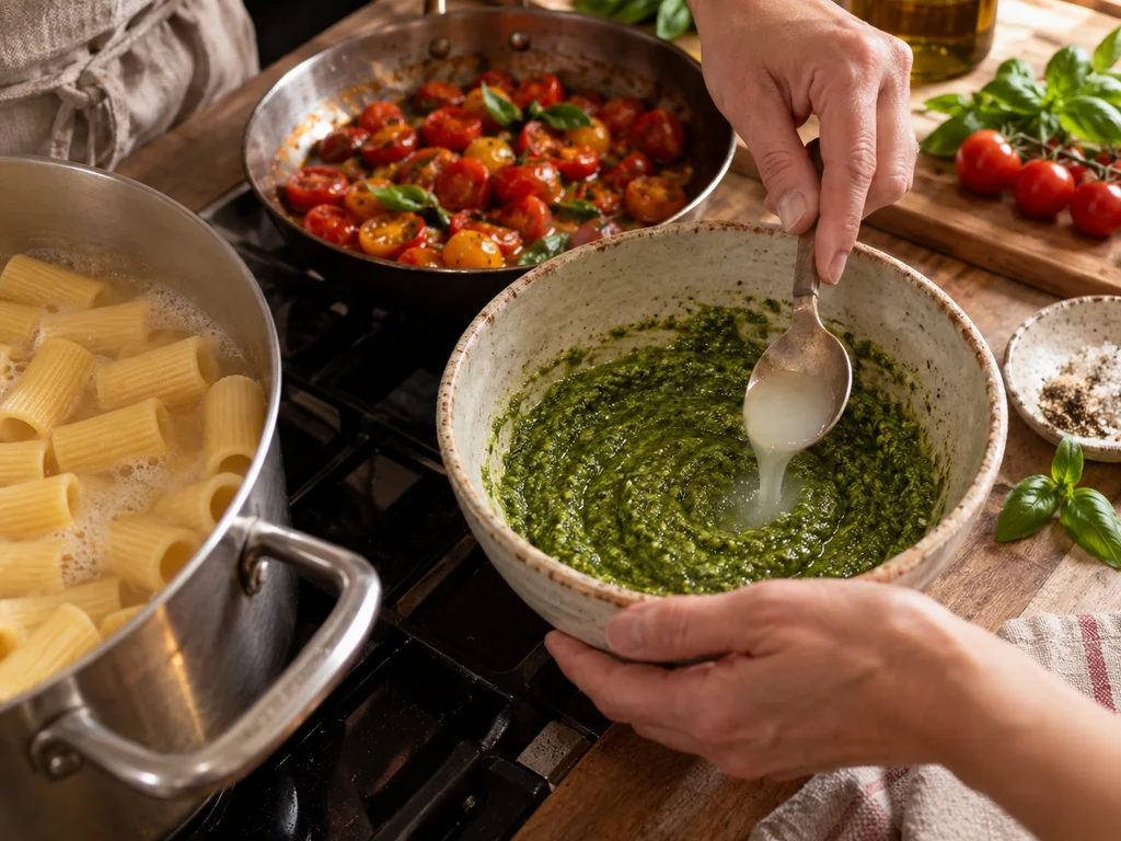 Ригатони с томатом и песто | Фото подпункта 13 | Viva Cucina Ригатони с томатом и песто: фото процесса приготовления — разведите песто несколькими ложками горячей воды от варки в отдельной миске