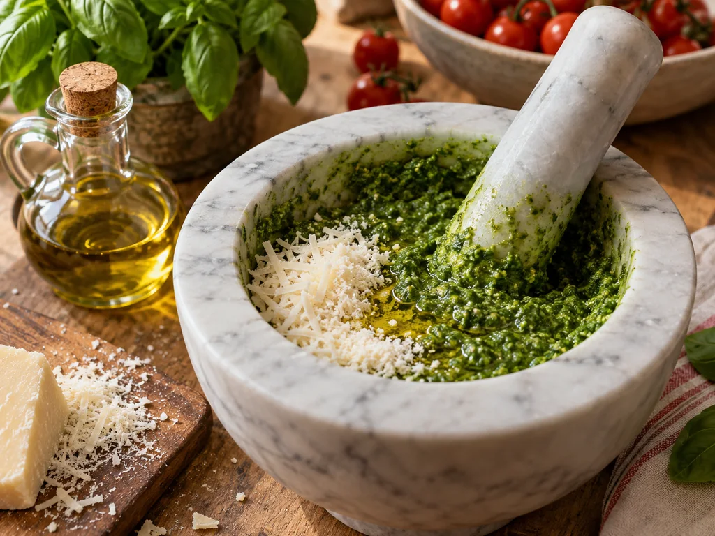 Ригатони с томатом и песто | Фото подпункта 6 | Viva Cucina Ригатони с томатом и песто: фото процесса приготовления — вмешайте тёртые сыры и около 60 мл оливкового масла; отставьте песто