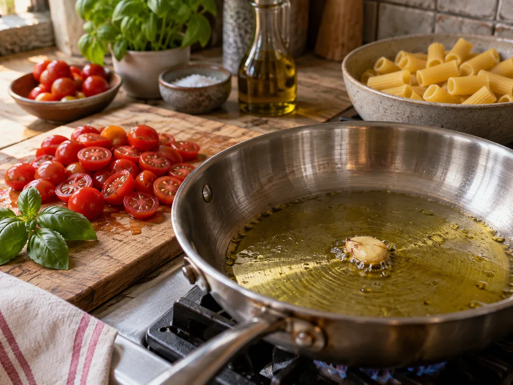 Ригатони с томатом и песто | Фото подпункта 7 | Viva Cucina Ригатони с томатом и песто: фото процесса приготовления — прогрейте раздавленный зубчик чеснока в оставшемся оливковом масле