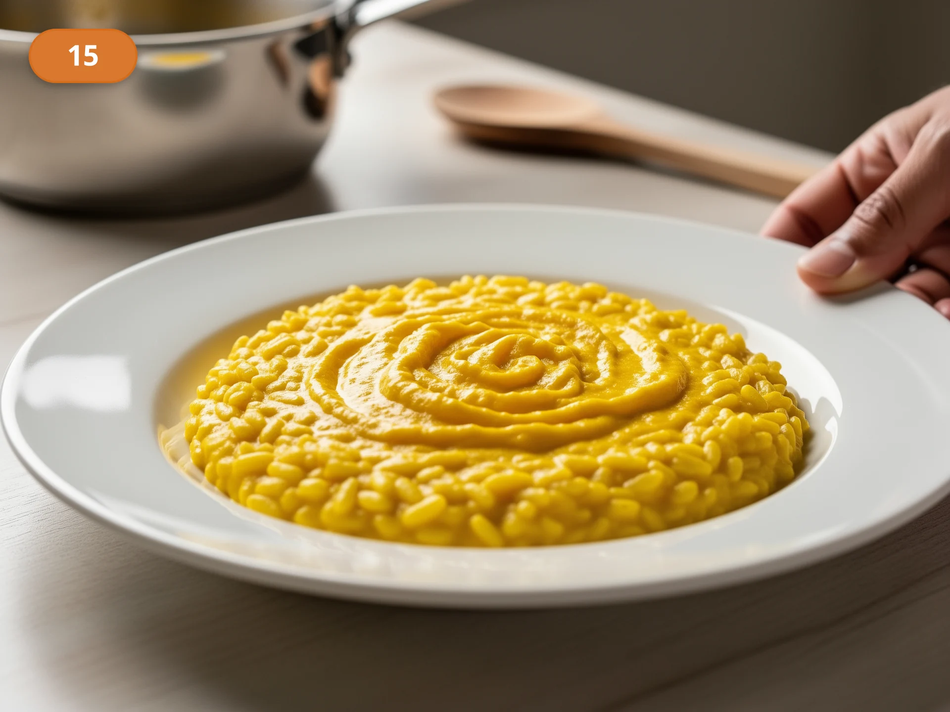 Ризотто по-милански: фото процесса приготовления — переложите ризотто на тёплую тарелку и слегка встряхните её, чтобы масса красиво разошлась мягкой волной