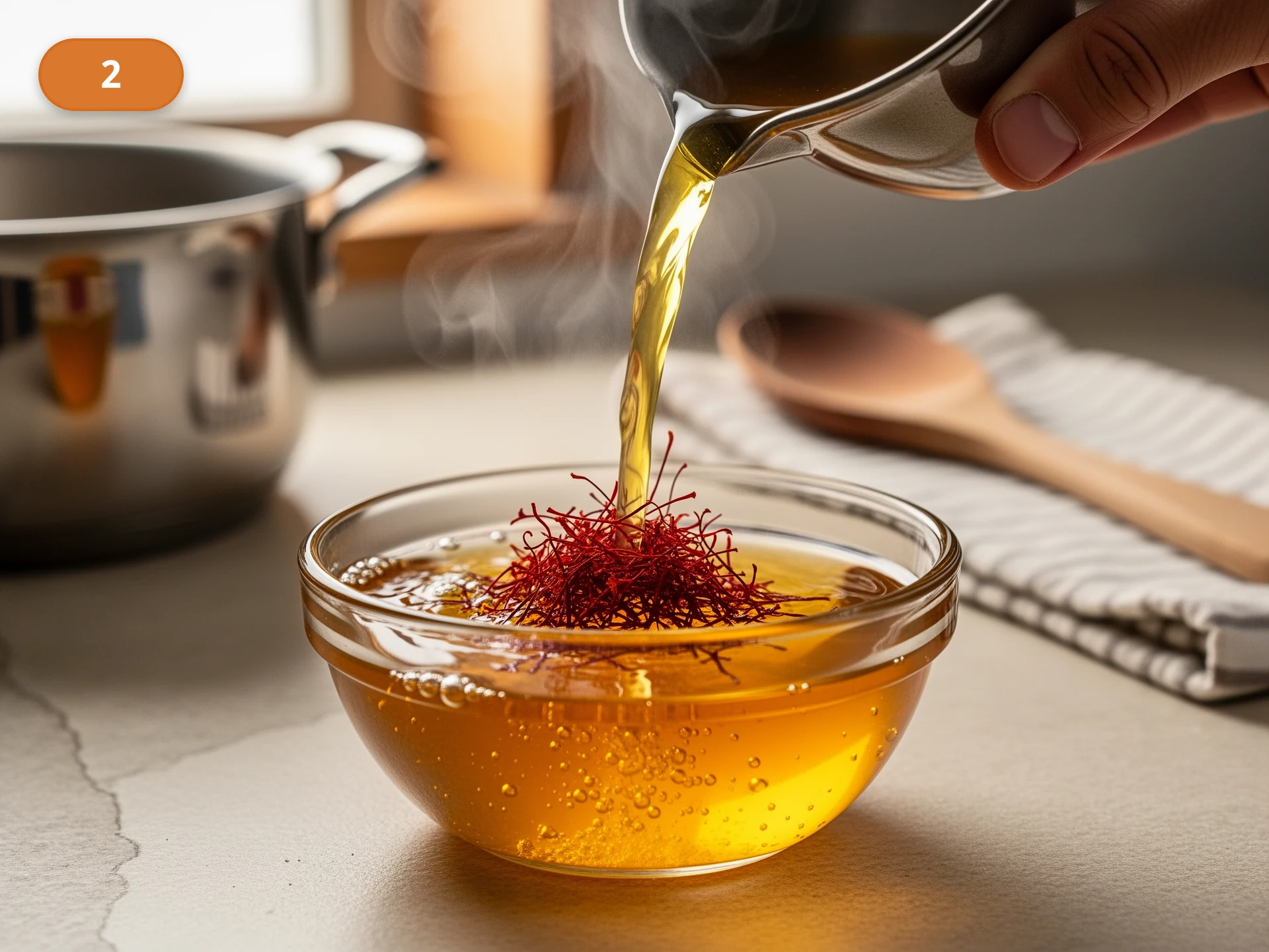 Ризотто по-милански: фото процесса приготовления — залейте шафран парой ложек горячего бульона и оставьте настаиваться, пока жидкость не станет ярко-золотистой