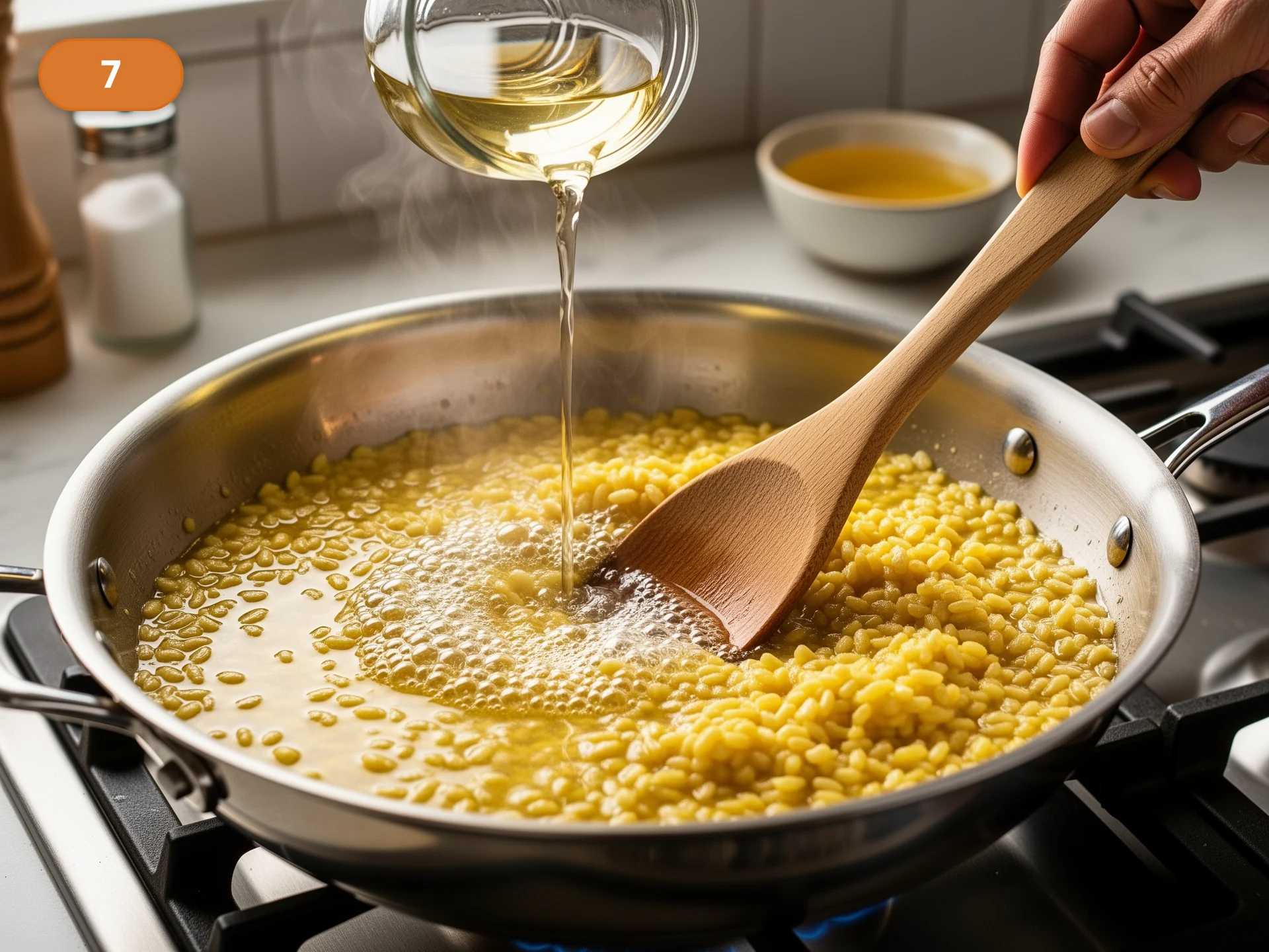 Ризотто по-милански: фото процесса приготовления — влейте белое вино и перемешивайте, пока резкий алкогольный запах не уйдёт, а жидкость почти полностью не впитается