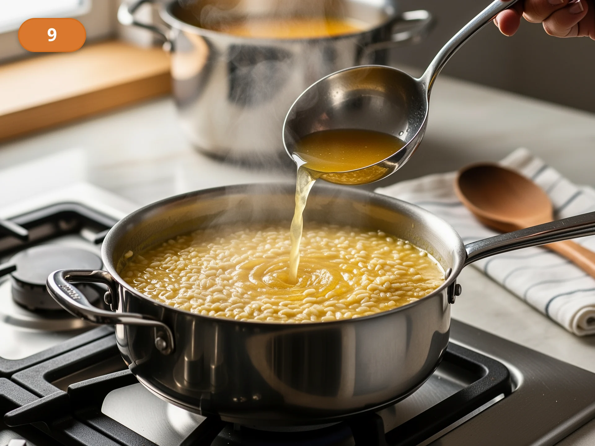 Ризотто по-милански: фото процесса приготовления — продолжайте подливать бульон понемногу, каждый раз дожидаясь, когда предыдущая порция почти исчезнет со дна