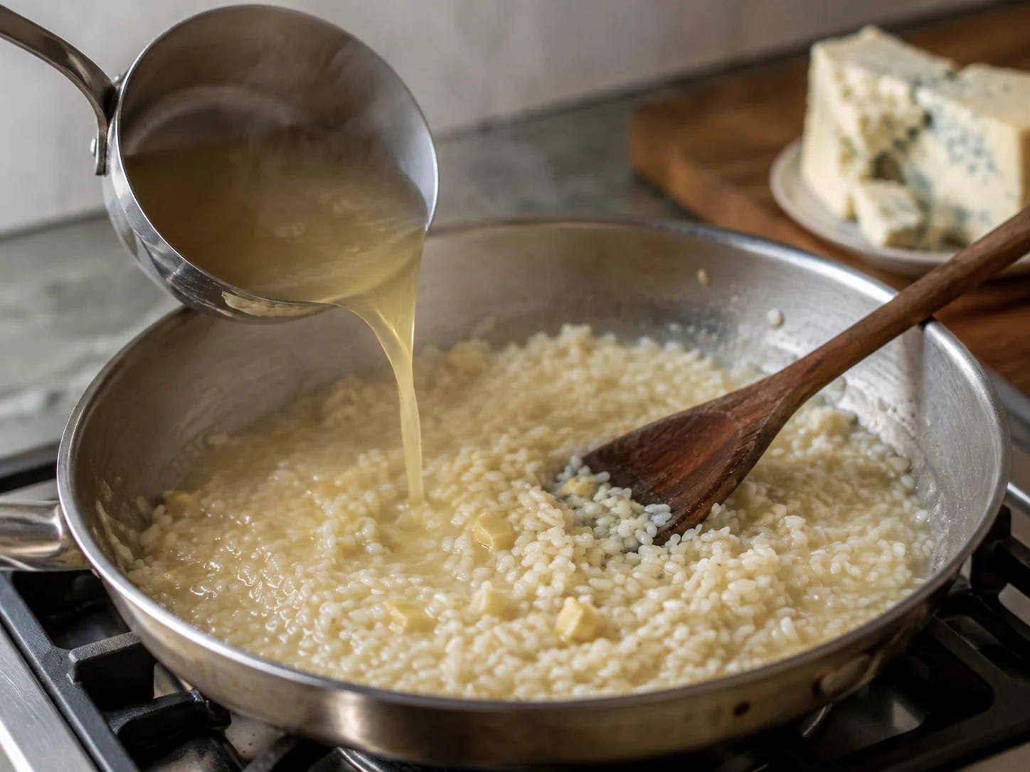 Ризотто с горгонзолой | Фото подпункта 11 | Viva Cucina Ризотто с горгонзолой: фото процесса приготовления — добавляйте жидкость небольшими порциями, чтобы соус или крахмалистая основа обволакивали продукты