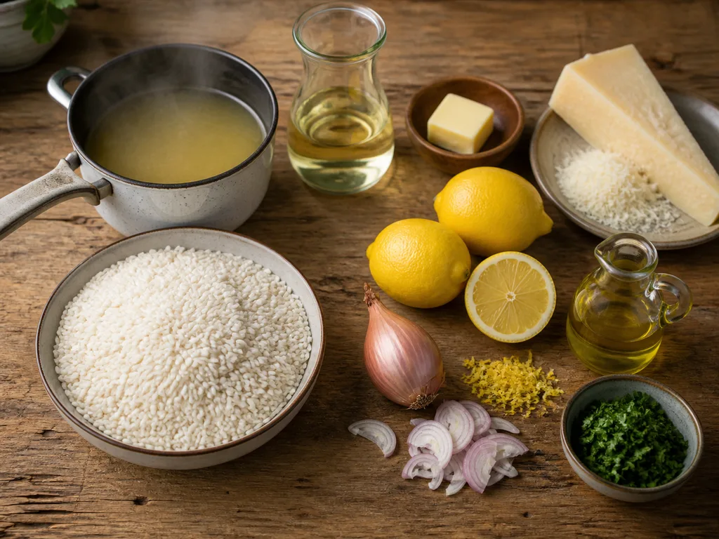 Ризотто с лимоном | Фото подпункта 1 | Viva Cucina Ризотто с лимоном: фото процесса приготовления — разложите Рис арборио, Бульон, Белое сухое вино, Сливочное масло, соль, масло, специи и нужную посуду так, чтобы всё было под рукой до начала готовки
